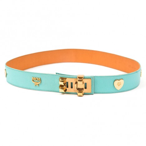 Ceinture vintage MCM cuir turquoise et doré 85cm - 80's