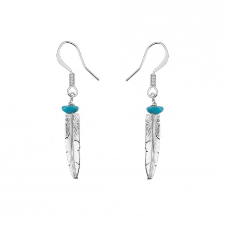 Boucles d'oreilles amérindiennes plume argent et perle turquoise