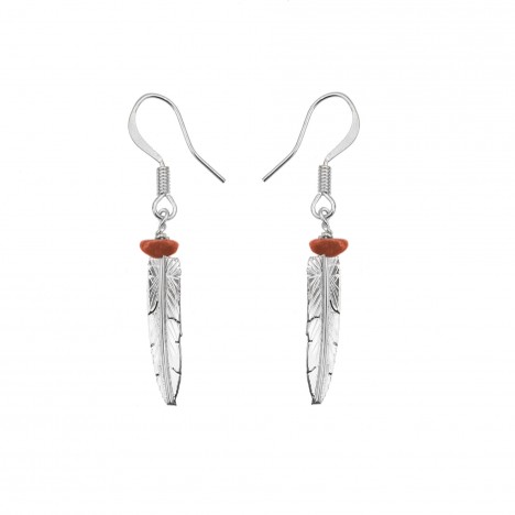 Petites boucles d'oreilles Amérindiennes plume argent et Jaspe rouge