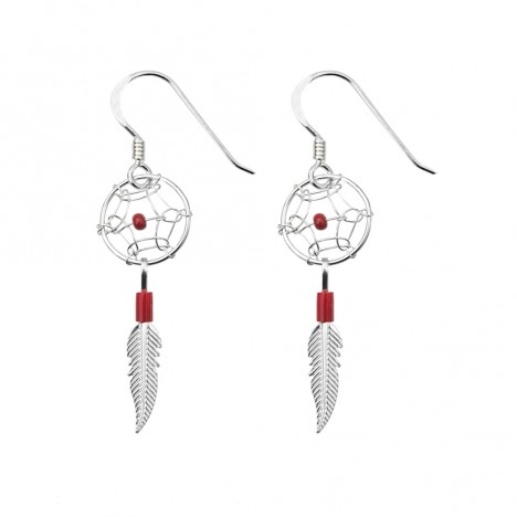 Petites boucles d'oreilles Dreamcatcher en argent et perles rouges