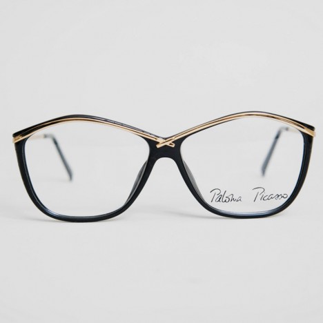 Lunettes vintage Paloma Picasso noires et dorées, verres transparents, modèle d'expo, années 80 - Lunettes vintage femme