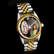 Montre Swanson Jésus et Marie cadran noir et bracelet bicolore or et argent, christian bling bling