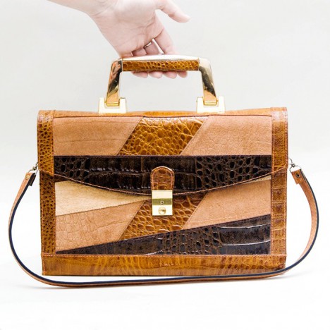 Sac vintage type cartable en cuir camel et marron patchwork cuir