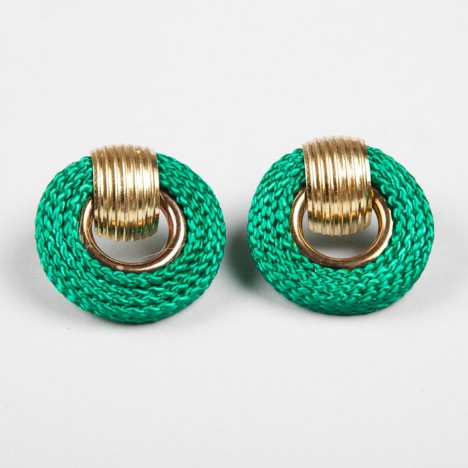 Boucles d'oreilles cordon vert menthe et acier doré à clou vintage années 80