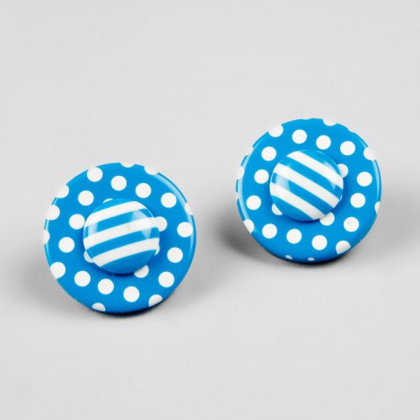 Boucles d'oreilles vintage bouton rond bleu à pois blanc années 70