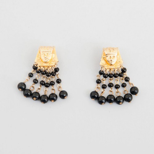Boucles D'oreilles Vintage à Clip Doré, Strass Et Cabochons Noirs - Bijoux Fantaisie Rétro