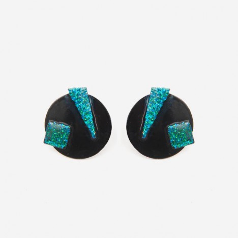 Boucles d'oreilles vintage rondes noires et paillettes bleues années 90