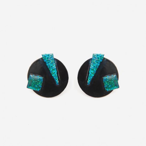 Boucles d'oreilles vintage rondes noires et paillettes bleues années 90