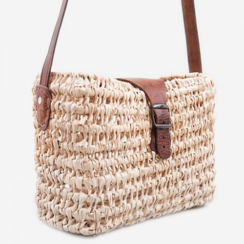 Sac à Main Vintage Années 70 En Raphia & Rabane Avec Bordures Cuir Gold - Fait Main Italie