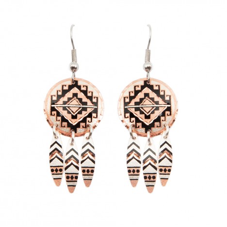 Boucles d'oreilles Dreamcatcher cuivrées et motif azteque