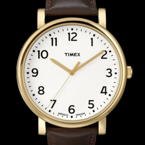 TIMEX T2N337 - Montre Timex vintage XXL dorée et cuir marron
